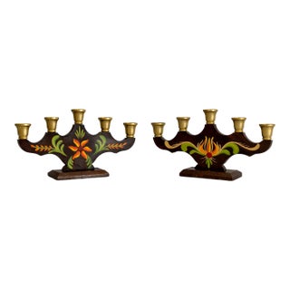 1960s Swedish Folk Art Kurbits Painted Wood Candelabras - A Pair For Sale