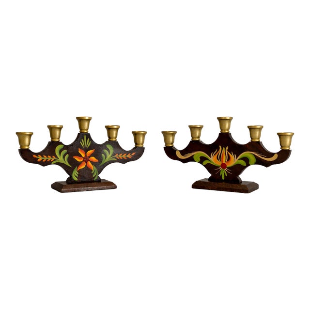 1960s Swedish Folk Art Kurbits Painted Wood Candelabras - A Pair For Sale