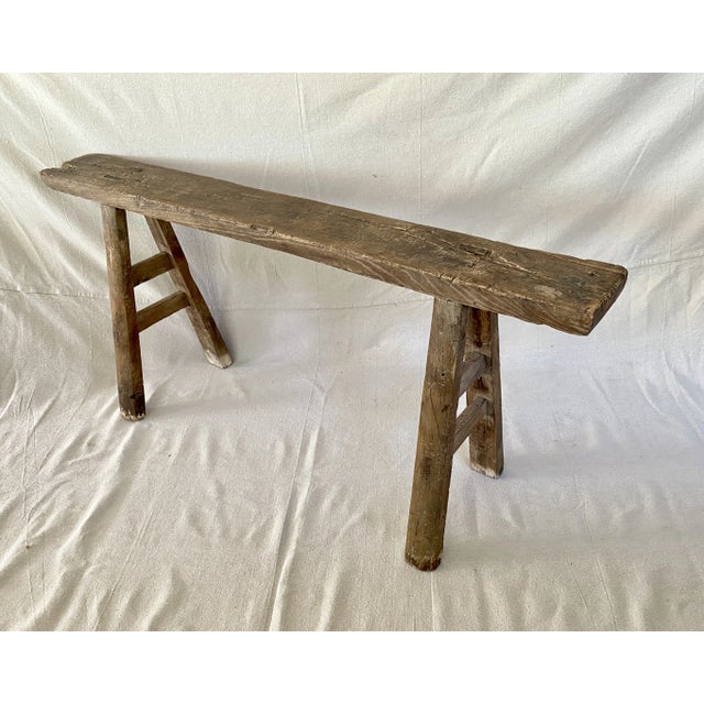 Mid 20th Century Rustic Elm Wood Skinny Bench For Sale - Image 5 of 9