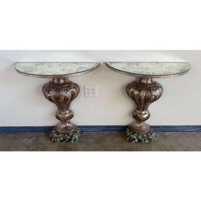 Baroque Pair of Italian Baroque Style Silver-Gilt Console Tables With Mirrored Tops For Sale - Image 3 of 12