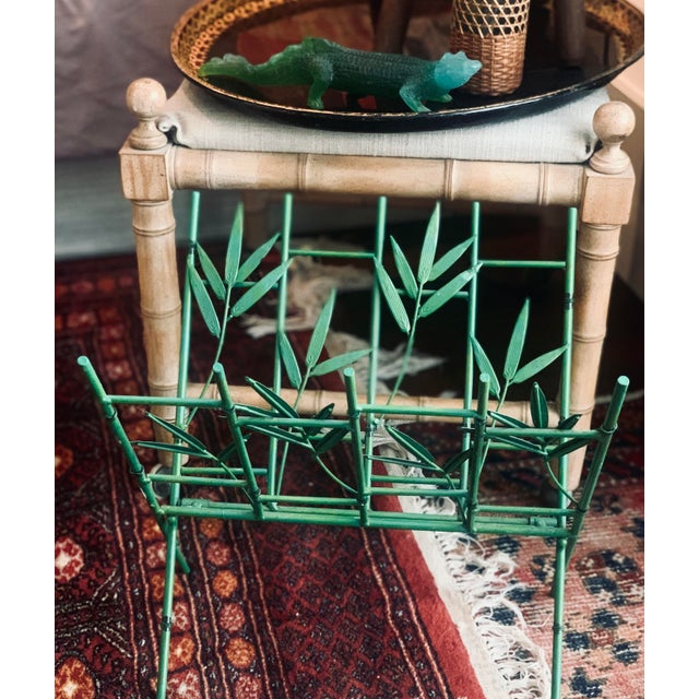 Vintage Palm Beach 1970’s Green Metal Chinoiserie Faux Bamboo Leaf Folding Magazine Rack For Sale - Image 10 of 11