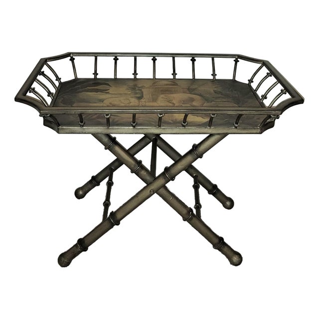Mid 20th Century Maitland Smith Wood and Metal Tray Table For Sale