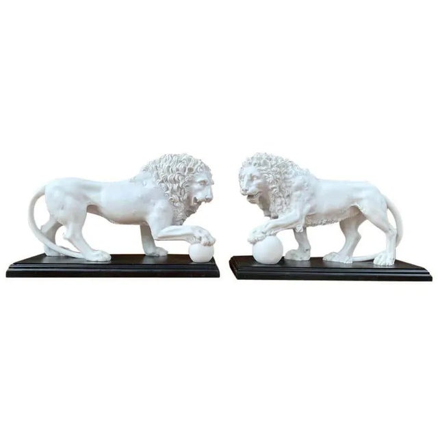 White Marble Lion Gatekeeper Statues, Set of 2 For Sale - Image 8 of 8