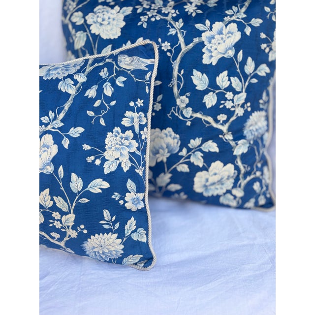 1980's Blue Bird Floral Chinoiserie Decorative Pillows-Set of Two For Sale In Palm Springs - Image 6 of 8