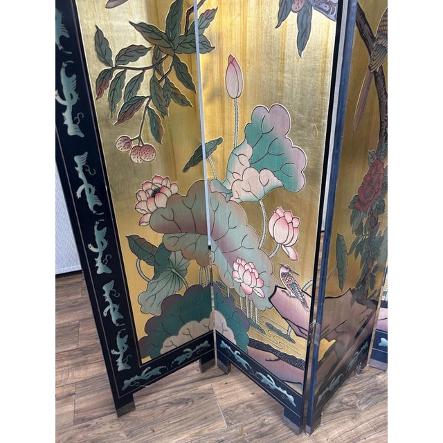 1970s Vintage Asian Gold Four Panel Screen Room Divider Coromandel W Garden & Birds For Sale - Image 5 of 8