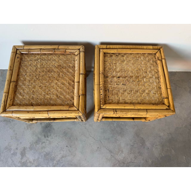 Boho Chic Pair of Vintage Coastal Boho Chic Bamboo Rattan Side Tables For Sale - Image 3 of 11