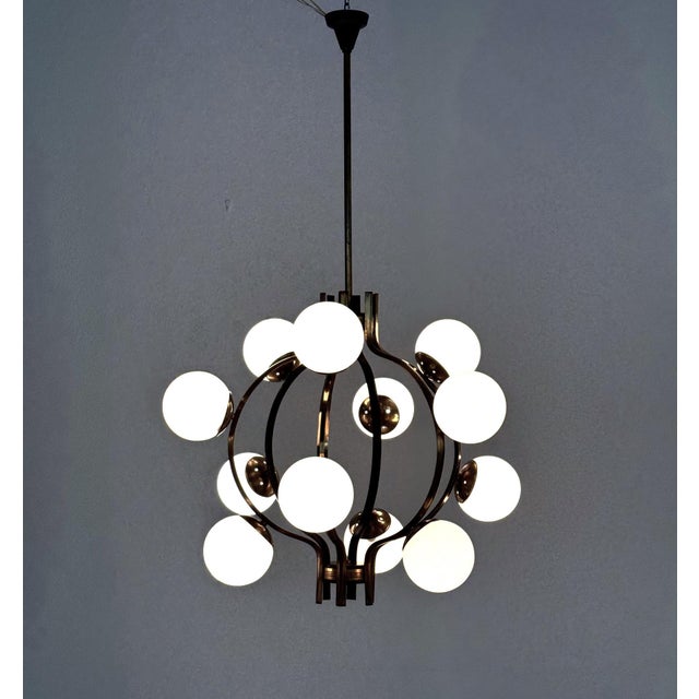 Mid-Century Italian Brass and Opaline Glass Chandelier from Stilnovo, 1950s For Sale - Image 12 of 18