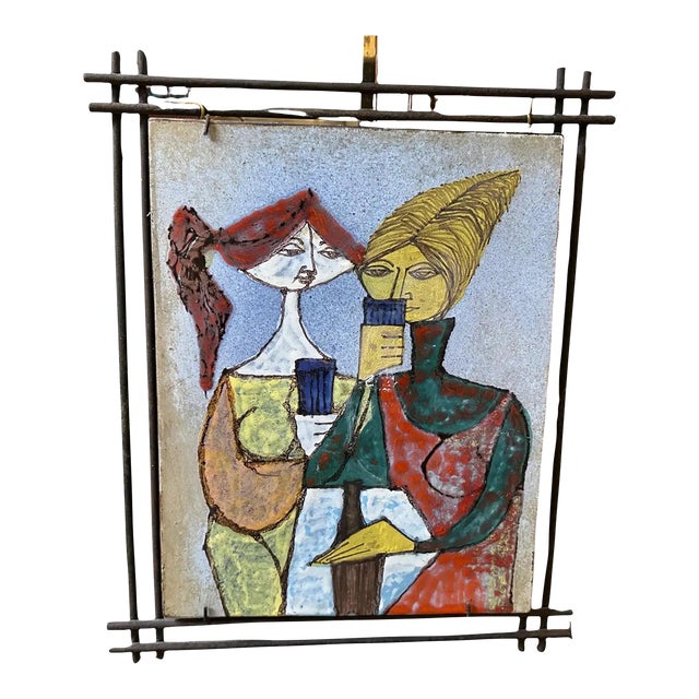1950s Mid-Century Modern Iron Framed Hand Painted Ceramic Italian Plaque For Sale