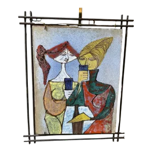 1950s Mid-Century Modern Iron Framed Hand Painted Ceramic Italian Plaque