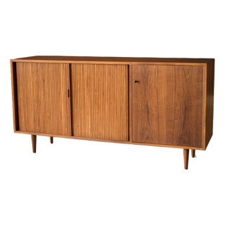 Mid Century California Modern Walnut Tambour Door Credenza by Milo Baughman For Sale