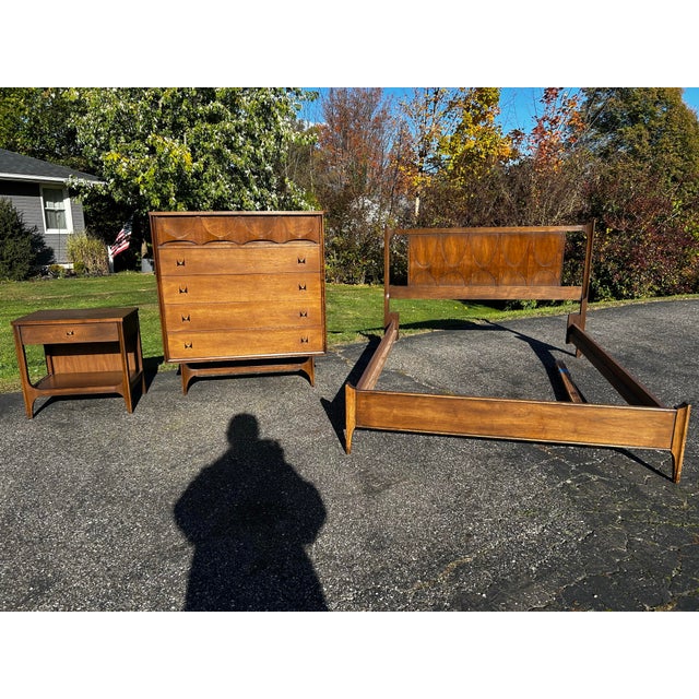 Mid century Brasilia walnut wood bedroom set Queen headboard 60” x 42” 1” Side table Tallboy dresser 40” x19”x44”