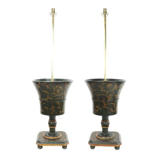 Pair of Vintage Green Hand-Painted Gold Flower Pot Floor Lamps For Sale
