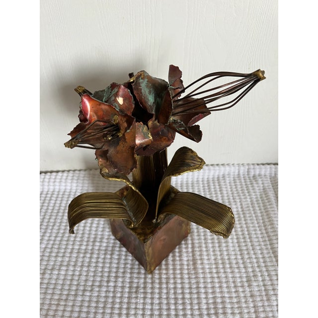1970s Brutalist Copper and Brass Floral Sculpture Marked B J M 1979 For Sale - Image 5 of 11