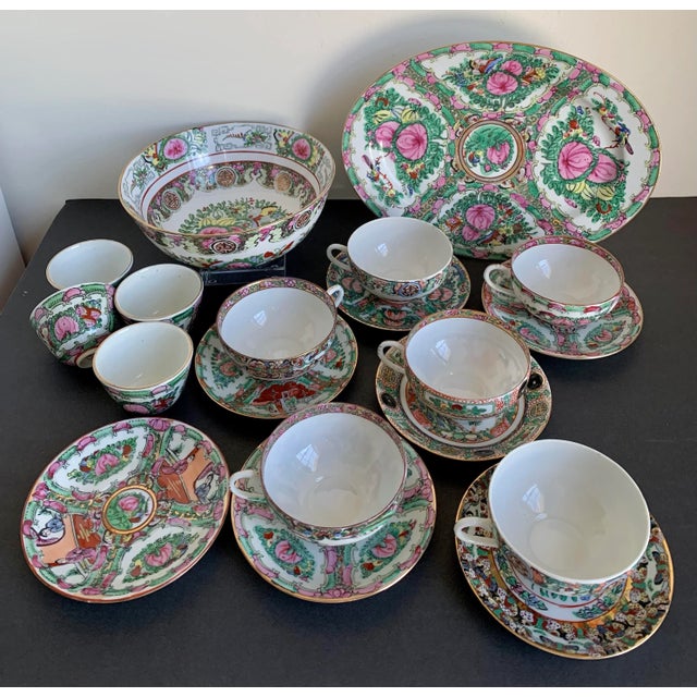 Vintage Large Chinese Famille Rose Medallions Set Salad Bowl, Oval Platter, Tea Cups & Saucers, Mini Sake/Rice Bowls Set - 19 Pieces For Sale - Image 13 of 13