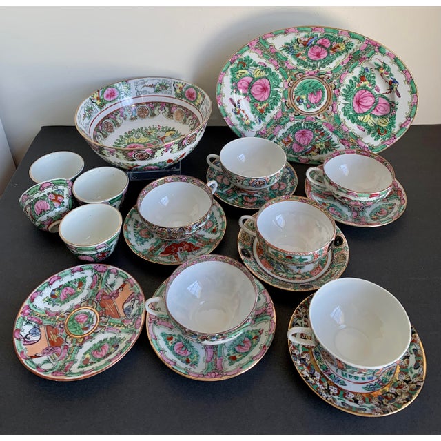 Vintage Large Famille Rose Medallions Set Salad Bowl, Oval Platter, Tea Cups & Saucers, Mini Sake/Rice Bowls Set - 19 Pieces For Sale - Image 13 of 13