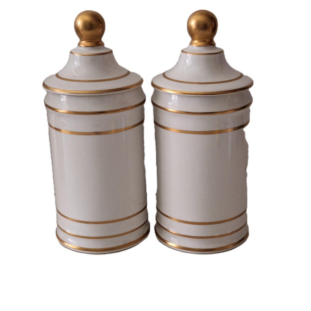 Vintage French Provence Style Porcelain apothecary Jars - "Verbenea" - A Pair. This elegant pair of vintage apothecary...