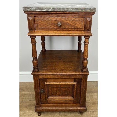 French Bedside Tables with Marble Top in Oak, Set of 2 For Sale - Image 4 of 14