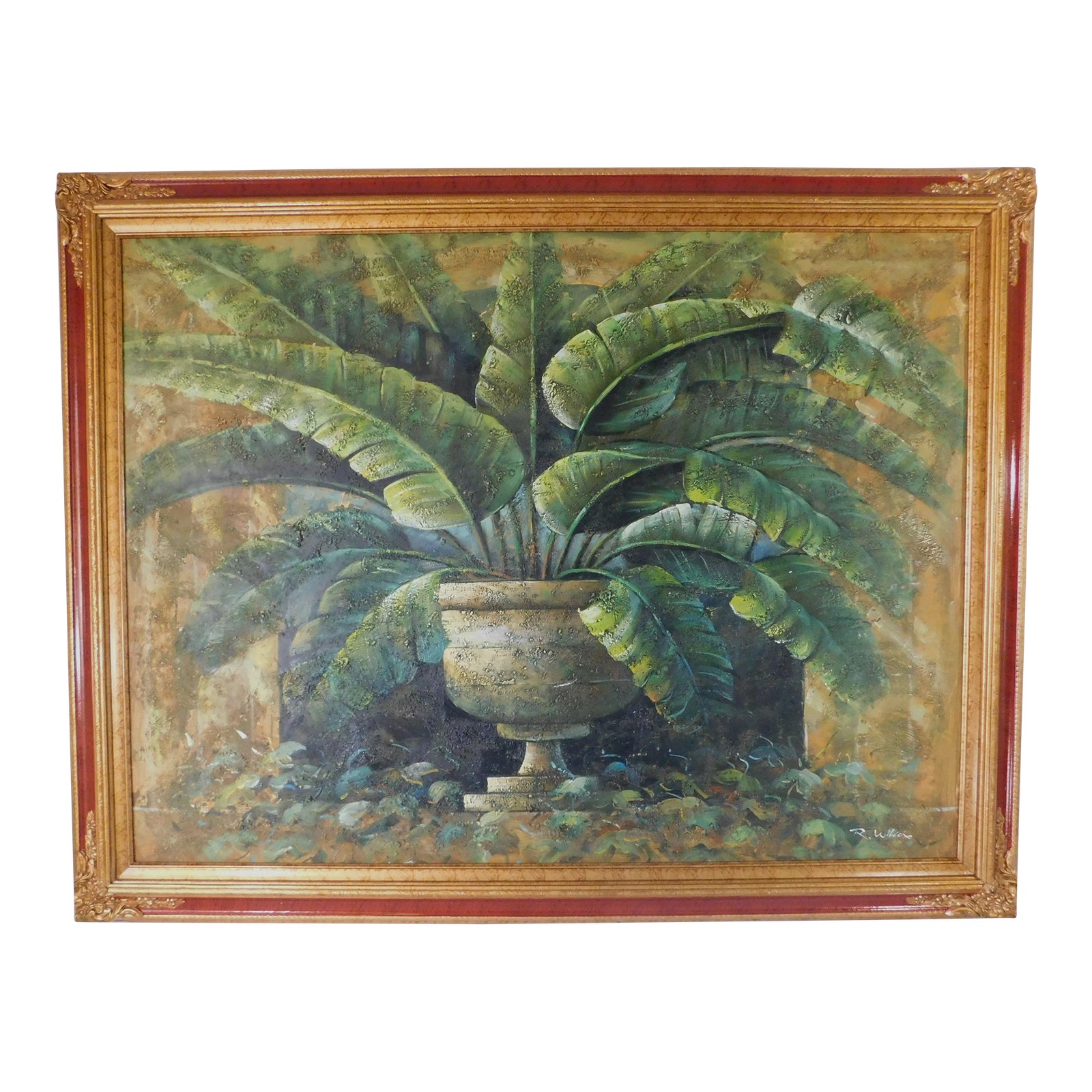 Large Vintage C1970s Ruth Wilcox Oil on Canvas Tropical Banana Leaf ...