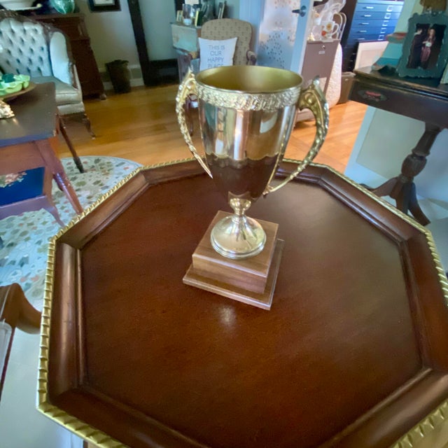 Gold Classic Gold-Tone Metal Loving Cup Trophy Mounted on a Tiered Walnut Wood Base. For Sale - Image 8 of 13
