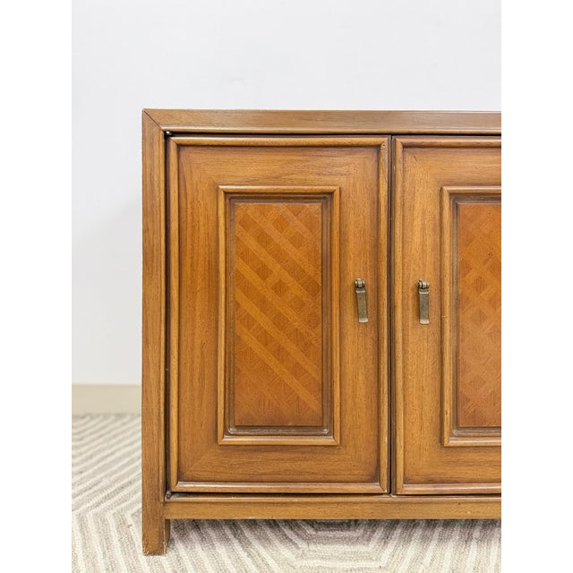 MCM Cabinet Brass Pulls Checker Panel Doors Vintage Mid-Century Storage For Sale In Tampa - Image 6 of 8