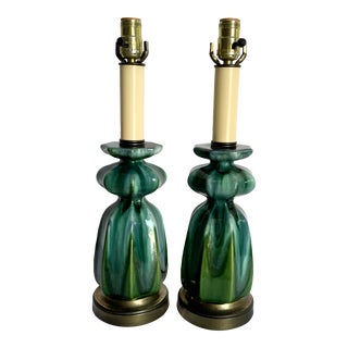 Mid Century Modern Glazed Green 3 Way Table Lamps - a Pair For Sale