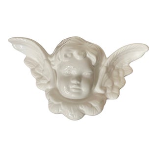 1960s Vintage Boho Hollywood Regency White Ceramic Angel Wall Sculpture For Sale