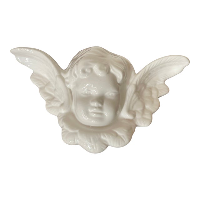 1960s Vintage Boho Hollywood Regency White Ceramic Angel Wall Sculpture For Sale