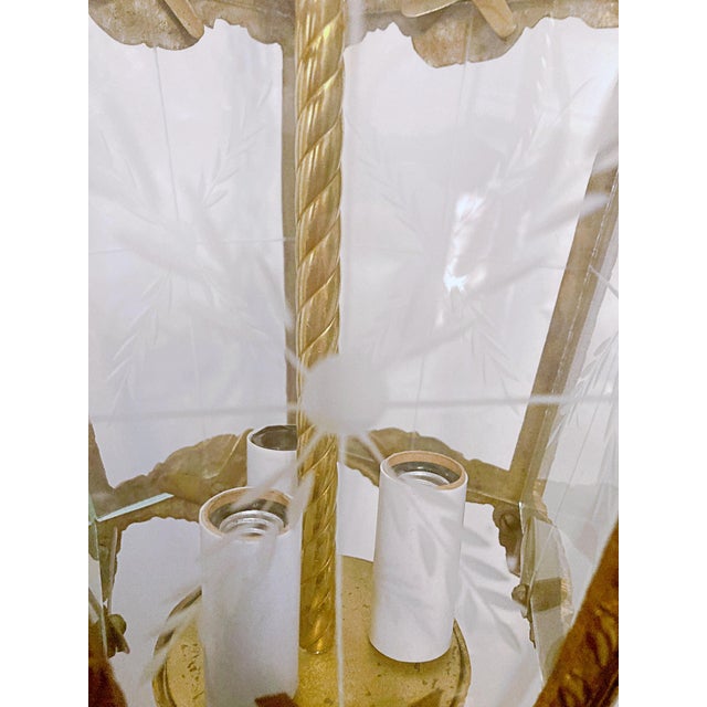 Vintage Bronze Lantern With Etched Glass Panels For Sale - Image 4 of 7