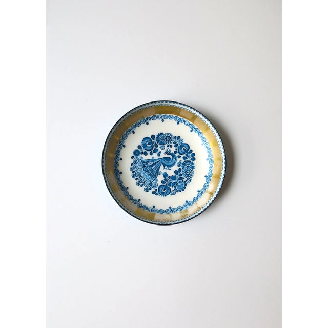A beautiful Austrian porcelain enamel bowl, jewelry dish or vide-poche (small catch-all), with Peacock bird design, circa...