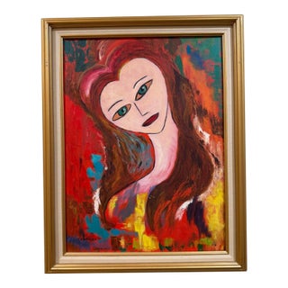 Mid-Century Expressionist Female Portrait Painting Signed T. Radican – Framed For Sale