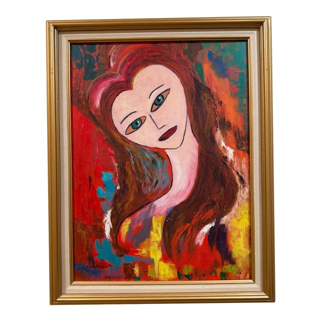Mid-Century Expressionist Female Portrait Painting Signed T. Radican – Framed For Sale