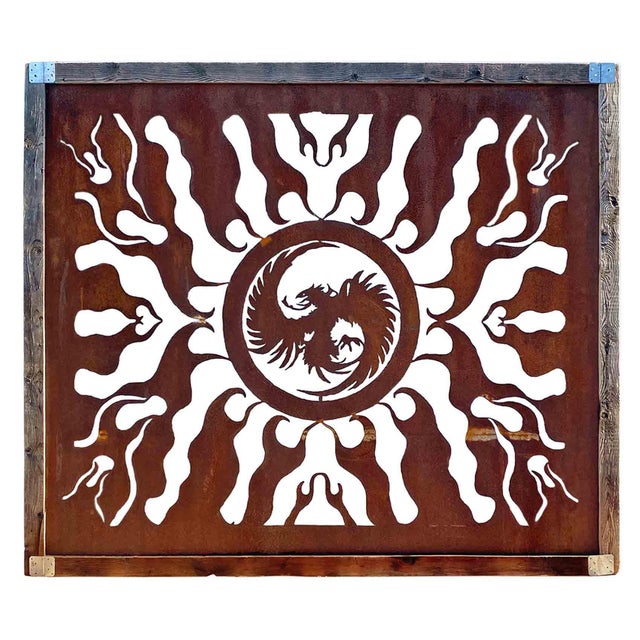 Metal Steel Torch Cutout Panel With Flame and Phoenix Design For Sale - Image 7 of 7