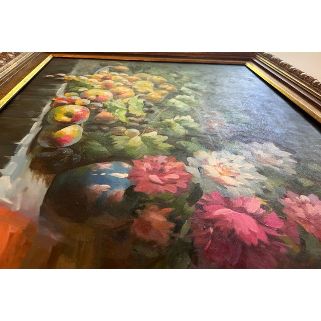 Wood Late 20th Century Floral Still Life Oil Painting on Canvas, Gold Ornate Frame For Sale - Image 7 of 15
