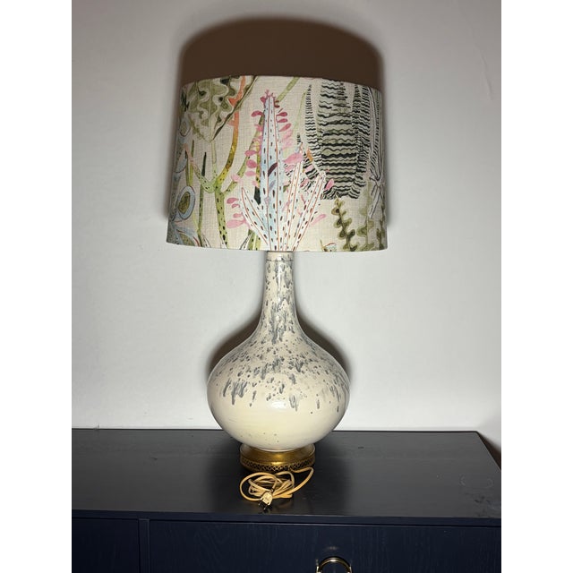 Mid-Century Modern 1950s Mid Century Modern Splatter Glaze Table Lamps With Botanical Shades - a Pair For Sale - Image 3 of 5