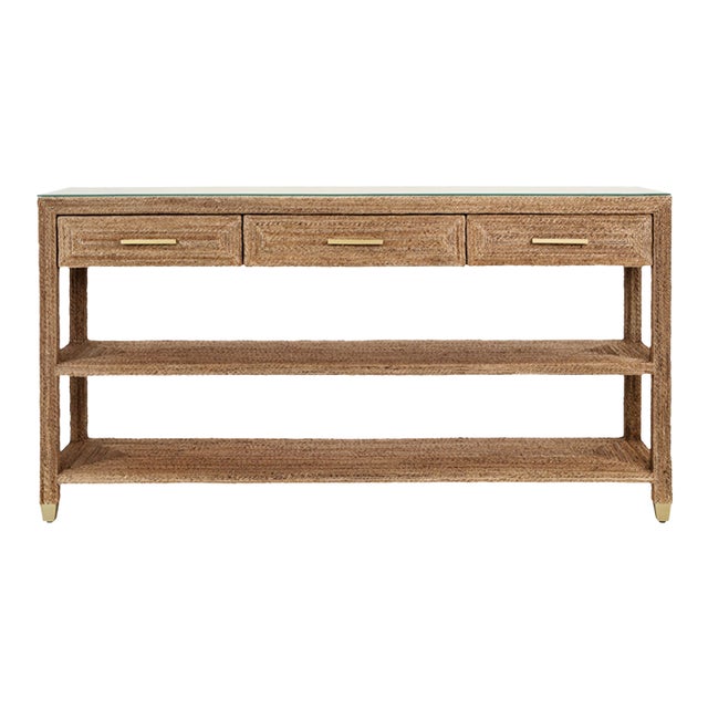 Matthew Izzo Home Cassie Wrapped Rope Three Drawer Console With Satin Brass Details and Glass Top For Sale