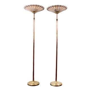 Copper and Brass Stained Glass Torchieres by Emma 1983 - a Pair For Sale