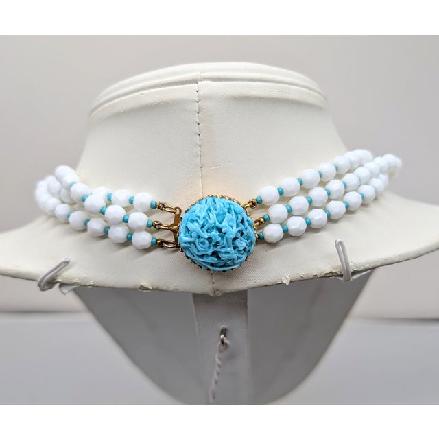 Mid-Century Modern Vintage Signed Hattie Carnegie 3-Strand White Beaded Faux-Turquoise Necklace For Sale - Image 3 of 8