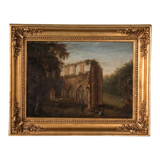 Antique 19th Century Original English Landscape of Abbey Ruins Oil Painting For Sale