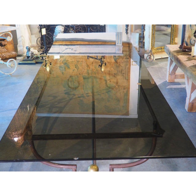 1970s A French 1970s Wrought Iron and Brass Dining Table With Smoked Glass Top For Sale - Image 5 of 18