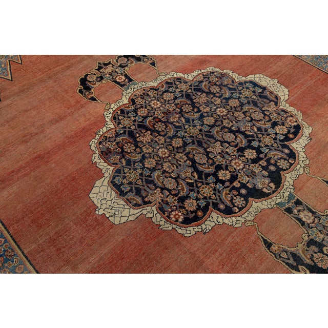 Antique Bidjar Style Wool Rug in Terracotta & Indigo, Hand-Knotted Medallion For Sale - Image 11 of 12