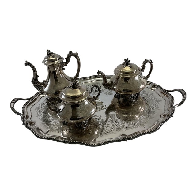 Late 19th Century Napoleon III Sterling 3 Pc Tea & Coffee Set w/ Tray For Sale