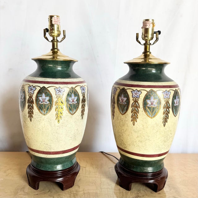 Traditional Vintage Green Gold and Cream Hand Painted Table Lamps - A Pair For Sale - Image 3 of 7