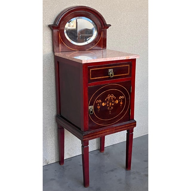 Late 19th Century Louis XVI Style Marquetry Nightstands with Bronze Hardware and Mirror, A Pair For Sale - Image 16 of 18
