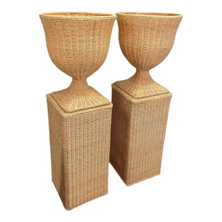 Pair of Vintage Natural Wicker Urn Planters With Pedestal Plinths For Sale