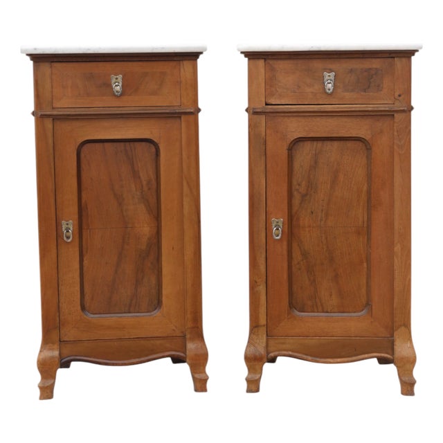 Antique Cherry and Walnut Bedside Tables with Marble Tops, 1890s, Set of 2 For Sale