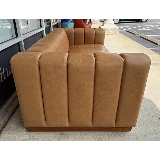 Wood Cb2 Forte 81-Inch Channeled Saddle Leather Sofa With Walnut Base For Sale - Image 7 of 16