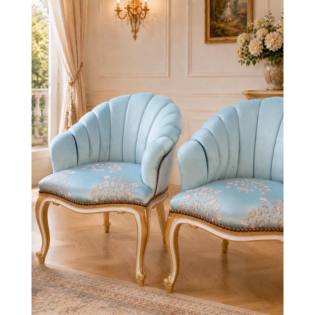 Sky Blue 1980s Artisan Louis XV Gold Beech Blue Side Chairs-Pair For Sale - Image 8 of 11