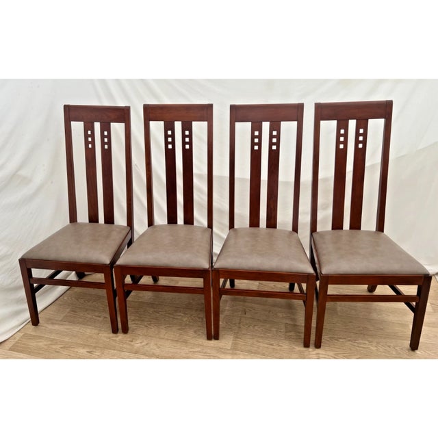 Gorgeous Vintage Set of Four Stickley Arts and crafts Side Chairs Slat Back Leather Seats Solid Cherry, mortis and tenon...