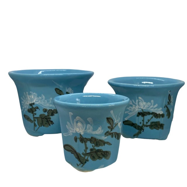 Mid 20th Century HandPainted French Blue Ceramic Planter Flower Pots - Set of 3 For Sale In Washington DC - Image 6 of 13