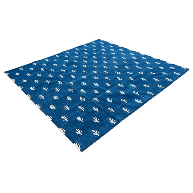Cotton Vegetable Dyed Indigo Blue And White Tree Pattern Reversible Rug - 6'x9' These special flat-weave dhurries are...